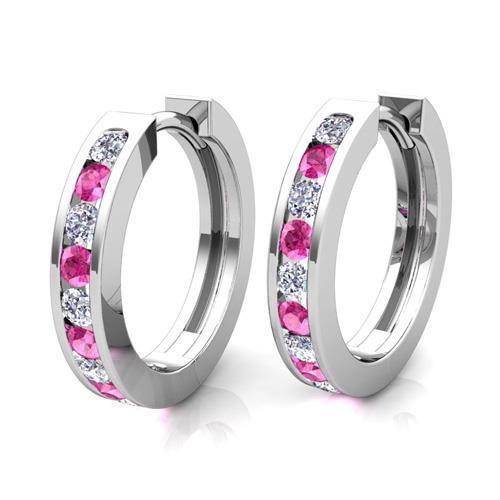 8.00 Ct  Pink Sapphire And Diamonds Bezel Set Hoop Earrings 14K Gemstone Earring