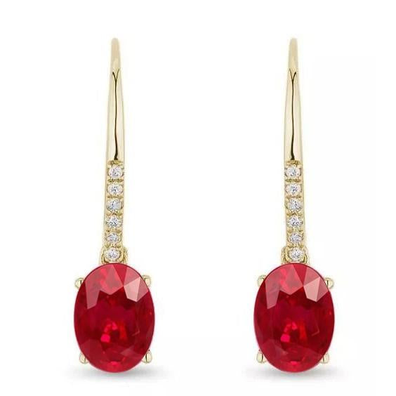  New High Quality Wedding    Prong Set Ruby With Diamonds Dangle Earrings Yellow Gold  Gemstone 