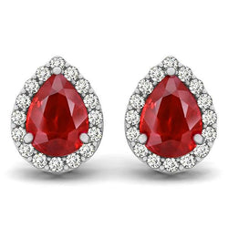8.60 Ct Ruby And Natural Earth Mined Diamonds Studs Halo Earrings White Gold 14K