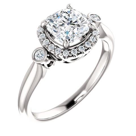 Halo Ring 1.26 Ct Three Stone Center Cushion Halo Diamond Ring 14K White Gold