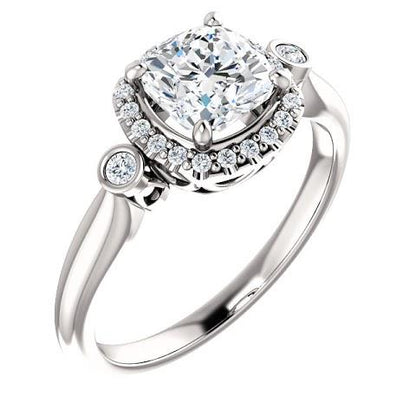 Halo Ring 1.26 Ct Three Stone Center Cushion Halo Diamond Ring 14K White Gold