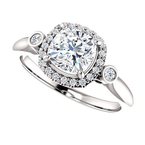1.26 Ct Three Stone Center Cushion Halo Diamond Ring 14K White 