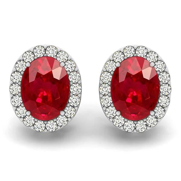  Womans Prong Set Ruby And Diamonds Studs Halo Earrings Gold White   Gemstone Earring