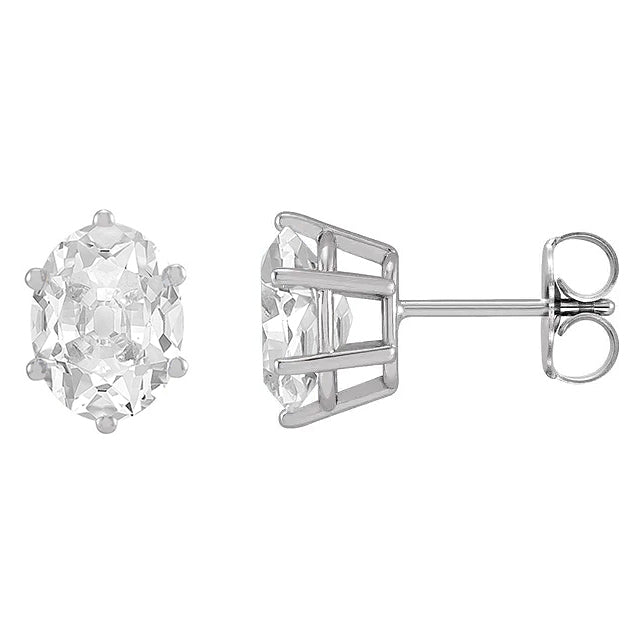 8 Carats Diamond Stud Earrings Prong Set White Gold Oval Old Mine Cut