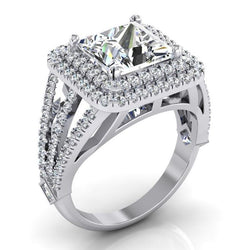 Real  Halo Diamond Engagement Ring 6 Carats Split Shank White Gold 14K