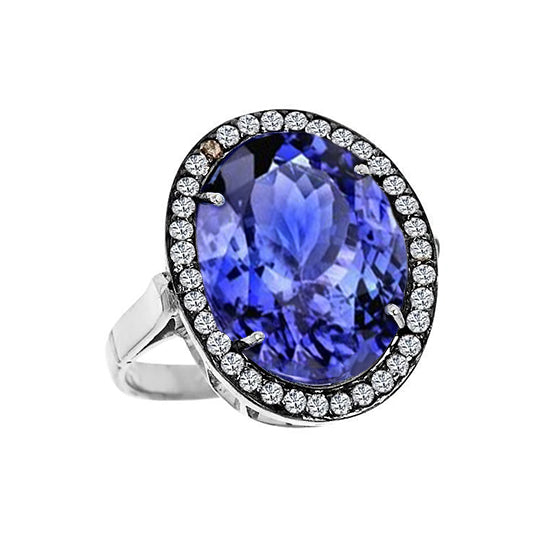 9.01 Carat Oval Tanzanite And Natural Earth Mined Diamonds Wedding Ring Gold White 14K
