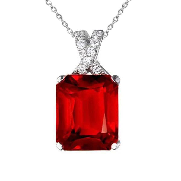 9.30 Carats Red Ruby And Natural Earth Mined Diamonds Pendant Necklace White Gold 14K