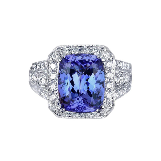  Gorgeous fancy Cushion Tanzanite And Round Diamonds Ring Vintage Style