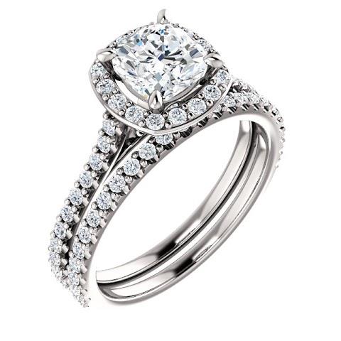 1.35 Ct Halo Cushion & Round Diamond Wedding Ring  White Gold Halo Ring