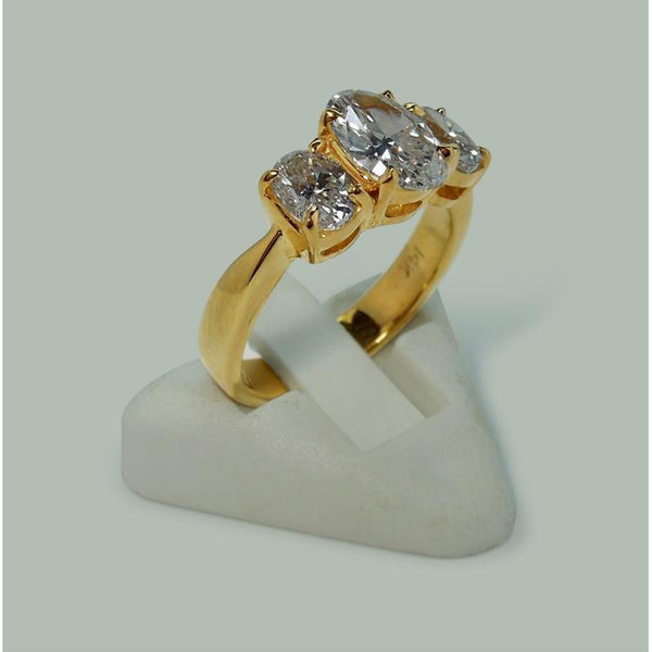 Three Stone Ring 2.81 Cts. Oval Diamonds Three Stone Engagement Ring Yellow Gold 18K