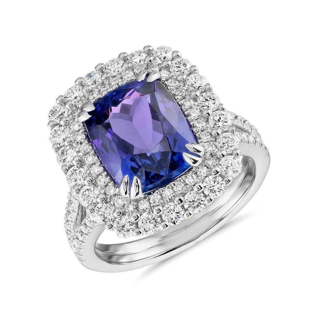 9.50 Ct Cushion Tanzanite And Round Diamonds Ring White Gold 14K Gemstone Ring