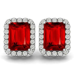 9.50 Carats Emerald Ruby & Diamond Halo Stud Earrings 14K Gold