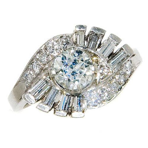 Engagement Ring Round And Baguette Vintage Style Diamond Engagement Ring 2.30 Carats