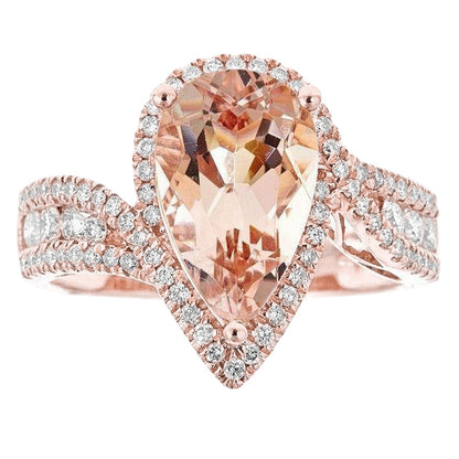 Fancy Lady’s  Pear Morganite With Round Diamonds Ring
