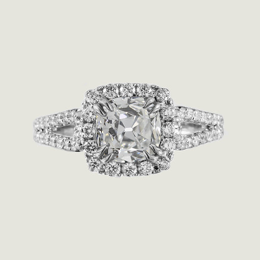 Gold Halo Cushion Ring Split Shank Old Mine Cut Diamonds 3.50 Carats