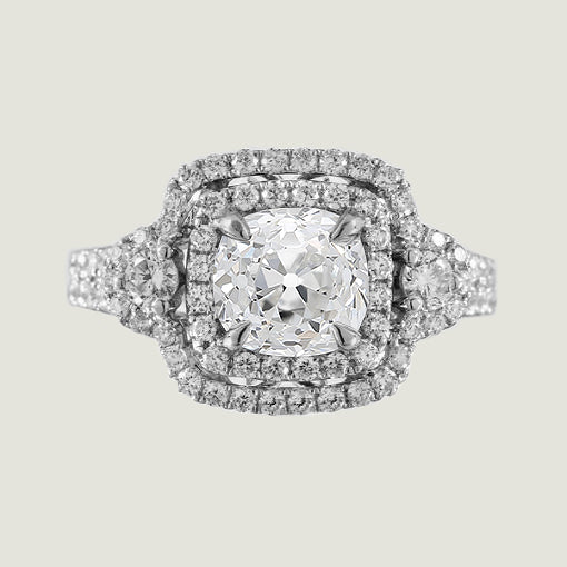 Double Halo Cushion Shaped Ring Old Cut Round Diamonds 4 Carats