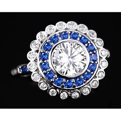 Anniversary Ring Round Natural Earth Mined Diamond & Blue Sapphire Baguettes 4 Carats