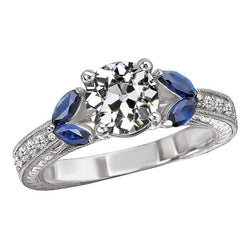 Genuine Antique Style Old Cut Natural Earth Mined Diamond & Marquise Sapphires Ring 5.50 Carats