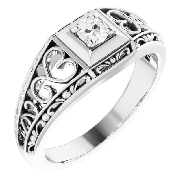 Antique Style Round Old Mine Diamond White Gold Ring 1 Carat