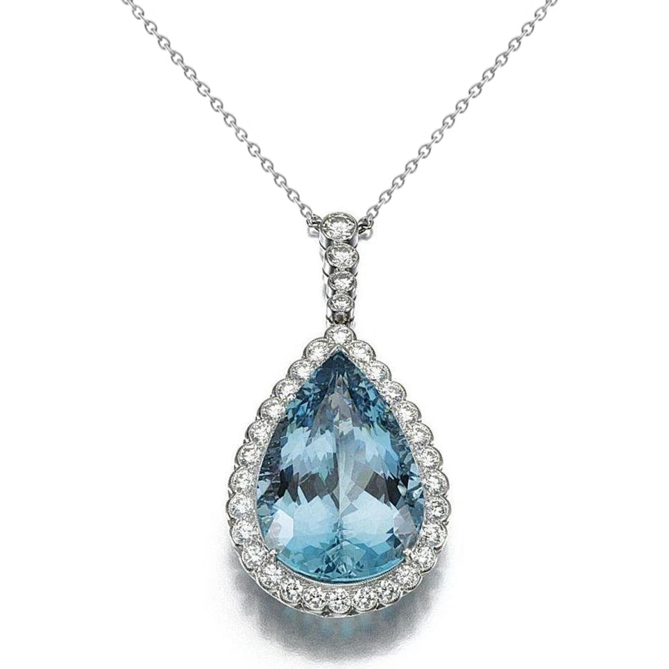 Aquamarine With Natural Earth Mined Diamonds 12.75 Ct Pendant With Chain White Gold 14K