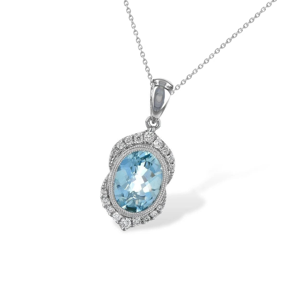 Oval Aquamarine & Round Natural Earth Mined Diamond Pendant Necklace 8.30 Ct. WG 14K