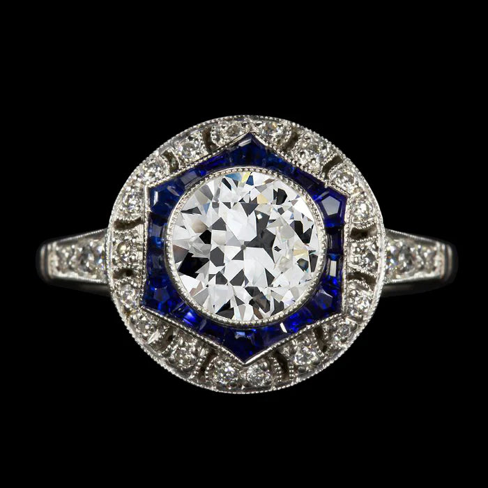 Art Deco Jewelry New Double Halo Ring Old Cut Diamond & Ceylon Sapphires
