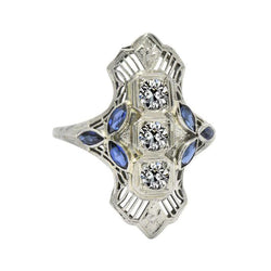 Genuine   Art Deco Jewelry New Gemstone Ring Old Cut Diamond & Marquise Sapphire