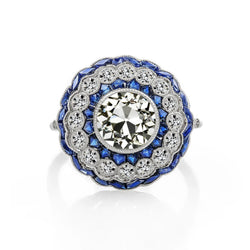 Art Deco Jewelry New Gold Halo Ring Old Cut Natural Earth Mined Diamond & Blue Sapphire