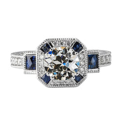 Art Deco Jewelry New Halo Old Miner Diamond Trapezoid Sapphire Ring