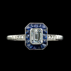 Art Deco Jewelry New Halo Ring Emerald Natural Earth Mined Diamond & Trapezoid Sapphires