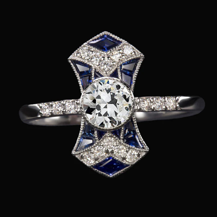 Art Deco Jewelry New Old Miner Diamond & Sapphire Lady’s Ring 