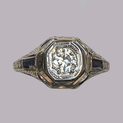 3 Stone Round Old Miner Natural Earth Mined Diamond Ring Baguette Sapphire 1.25 Carats