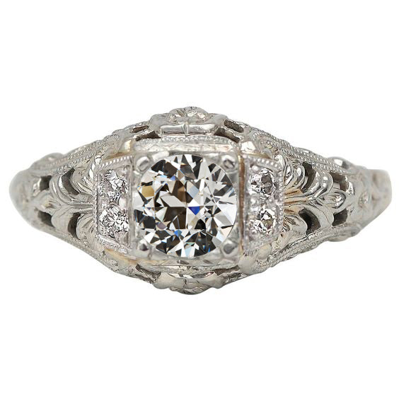 Antique Style Round Old Mine Cut Diamond Milgrain Ring 2.25 Carats