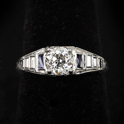 Real Round Natural Earth Mined Diamond Ring Old European Baguette Blue Sapphire 1.50 Carats