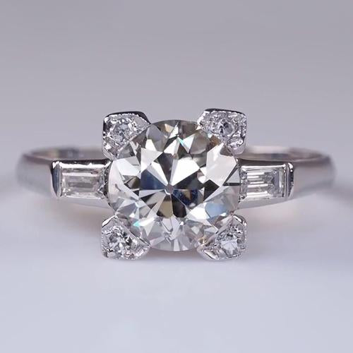 Baguette Women Diamond Engagement Ring White Gold Solitaire Ring with Accents