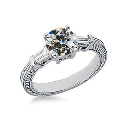 Baguette & Old Miner Genuine Natural Earth Mined Diamond 3 Stone Ring 1.50 Carats Antique Style
