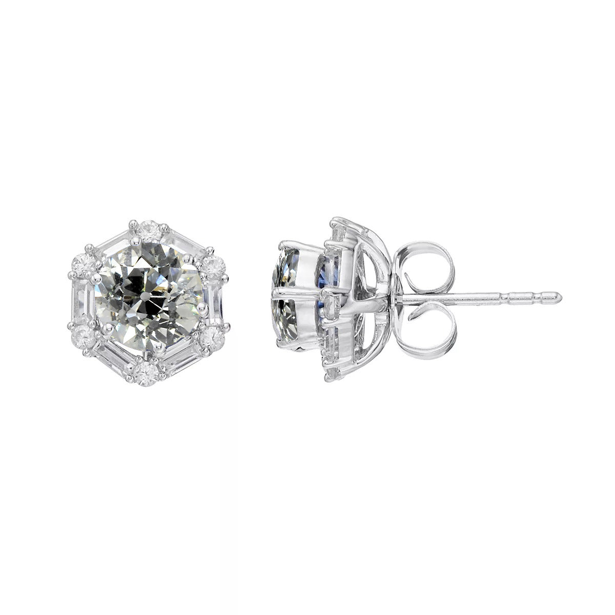 Baguette & Old Miner Halo Diamond Studs Earrings