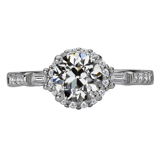 Baguette & Round Diamond Old Cut Halo Ring
