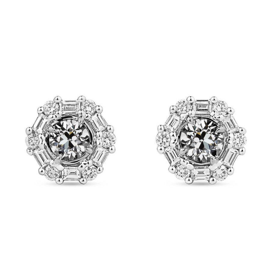 Baguette & Round Halo Diamond Stud Earrings Old Miner Jewelry 6 Carats 