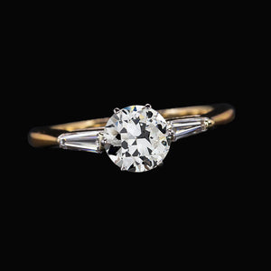 White Gold Woman's Baguette & Round Old Cut Diamond 3 Stone Ring