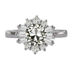 Baguette & Round Old Mine Cut Diamond Halo Ring 6 Carats Gold