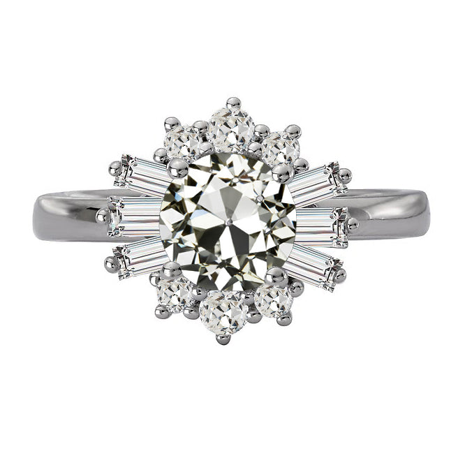 Baguette & Round Old Mine Cut Diamond Halo Ring