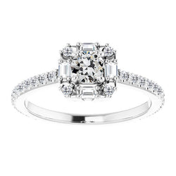 Baguette & Round Old Mine Cut Diamond Halo Ring Gold 4.50 Carats