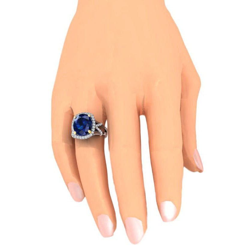 Oval Blue Sapphire And Round Cut Diamonds Gemstone Ring  