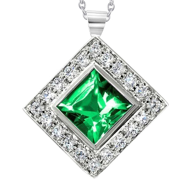 Bezel Set Green Emerald With Natural Earth Mined Diamonds Pendant Necklace 7.75 Ct.