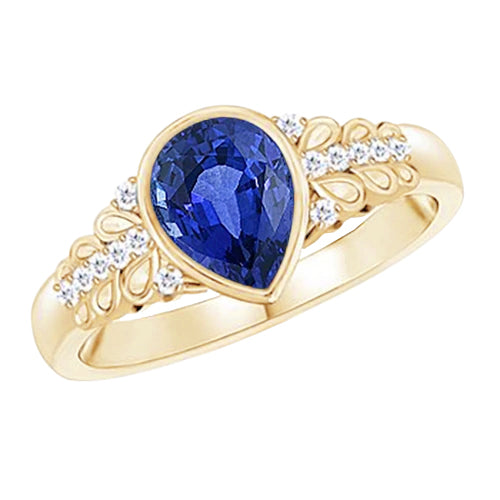 New LAdies Style Bezel Set Pear Ceylon Sapphire & Diamond Ring Yellow Gold