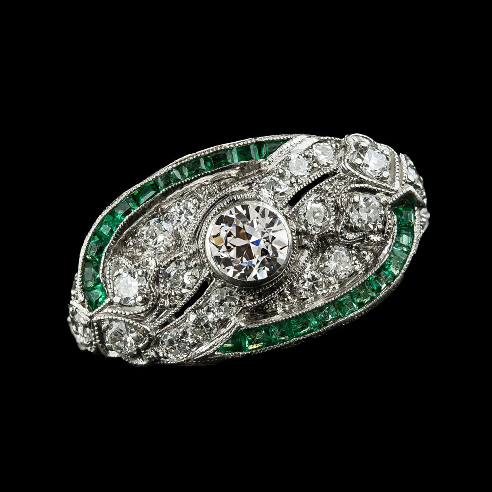 Bezel Set Round Old Miner Diamond Green Sapphire Ring