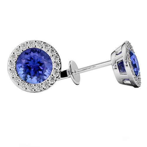 Halo Round Tanzanite With Diamond  Lady’s  Round Anniversary  Stud Earring