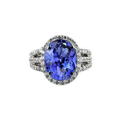 Big Oval Tanzanite With Small Round Natural Earth Mined Diamonds 6.70 Ct Ring Gold 14K