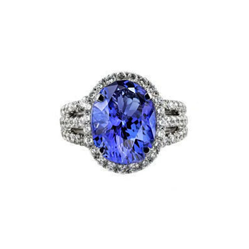 New High Quality Big Oval Tanzanite With Small Round Diamonds  Ring Gold  